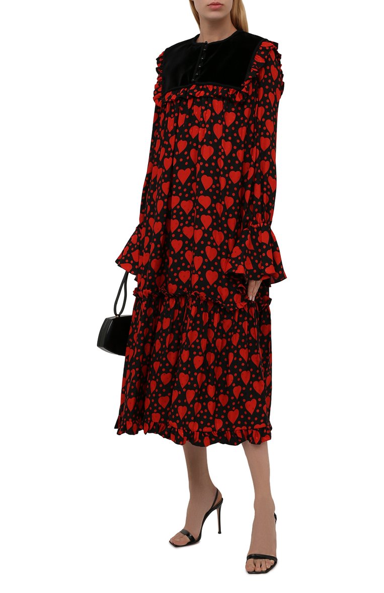 Женское шелковое платье SAINT LAURENT красного цвета, арт. 660912/Y5D46 | Фото 2 (Материал внешний: Шелк; Длина Ж (юбки, платья, шорты): Миди; Материал подклада: Шелк; Рукава: Длинные; Женское Кросс-КТ: Платье-одежда; Стили: Бохо; Случай: Коктейльный)