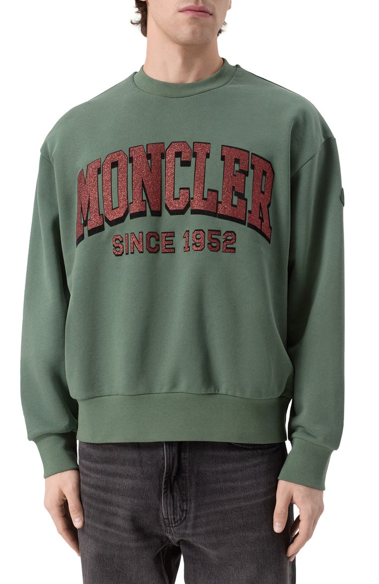 Мужской хлопковый свитшот MONCLER зеленого цвета, арт. 8G00019/M2642/87E | Фото 3 (Длина (для топов): Стандартные; Материал внешний: Хлопок; Рукава: Длинные; Принт: С принтом; Мужское Кросс-КТ: свитшот-одежда; Стили: Спорт-шик; Детали: Без декора; Автоматизация ТО: Проставлено; Автоматизация состава: Проставлено)