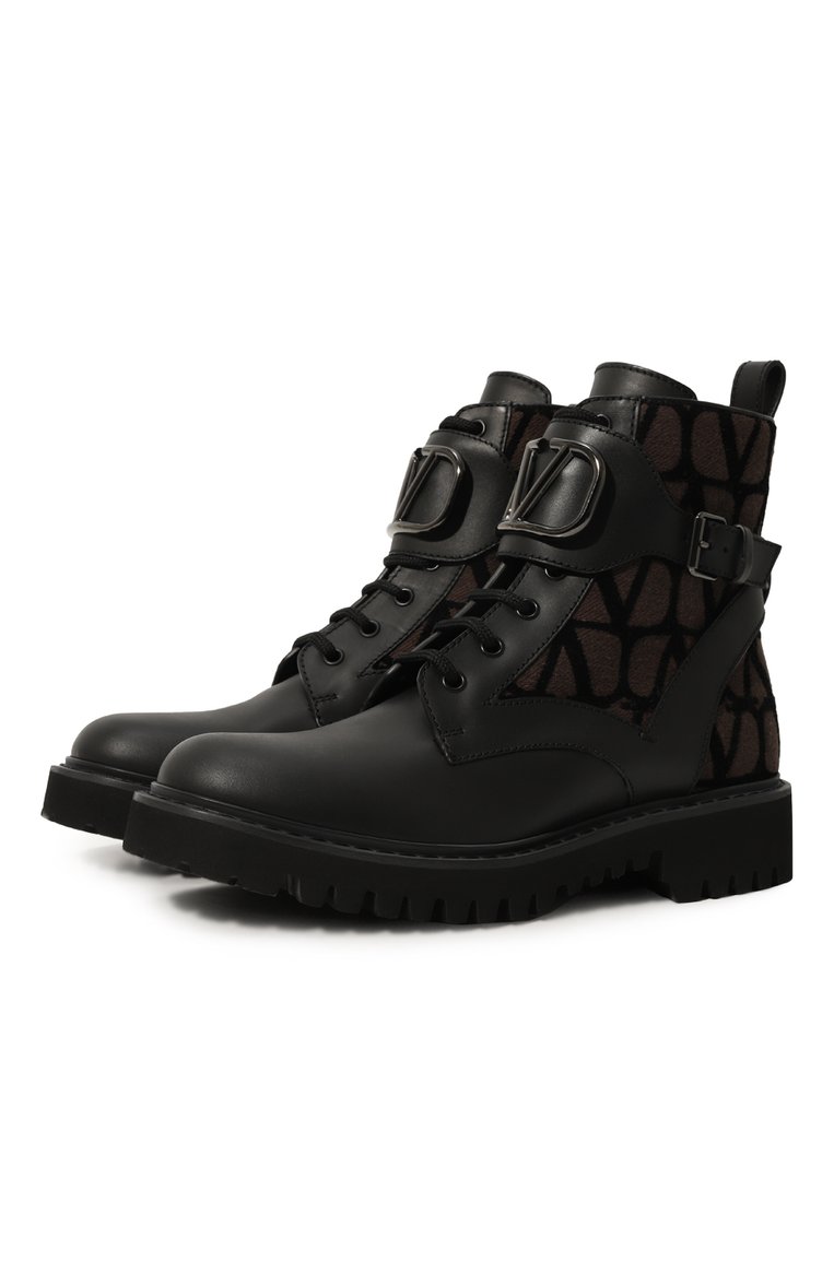 Женские комбинированные ботинки vlogo signature VALENTINO черного цвета, арт. 3W2S0Q03HQZ | Фото 1 (Каблук высота: Низкий; Материал внутренний: Натуральная кожа; Подошва: Платформа; Материал внешний: Текстиль, Натуральная кожа; Материал утеплителя: Без утеплителя; Женское Кросс-КТ: Военные ботинки)