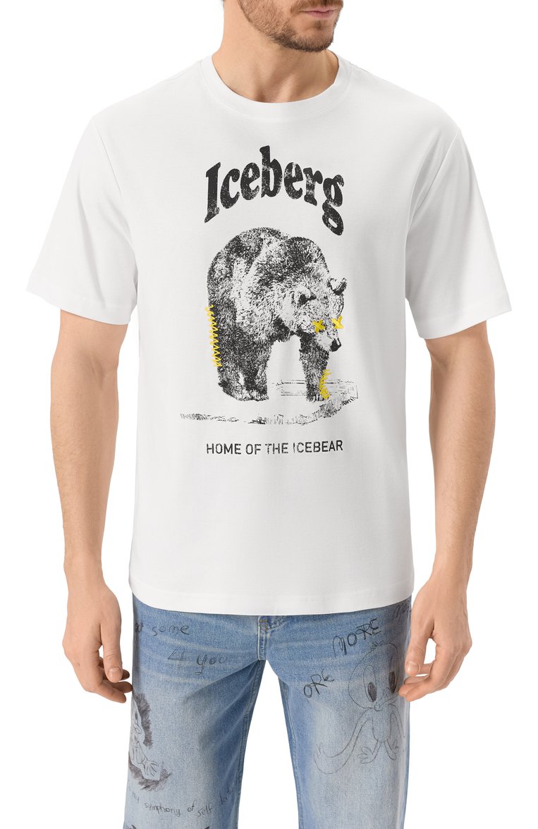 Мужская хлопковая футболка ICEBERG белого цвета, арт. F025/6307 | Фото 3 (Рукава: Короткие; Драгоценные камни: Проставлено; Длина (для топов): Стандартные; Материал сплава: Проставлено; Стили: Кэжуэл; Принт: С принтом; Материал внешний: Хлопок; Мужское Кросс-КТ: Футболка-одежда; Кросс-КТ: Джерси)