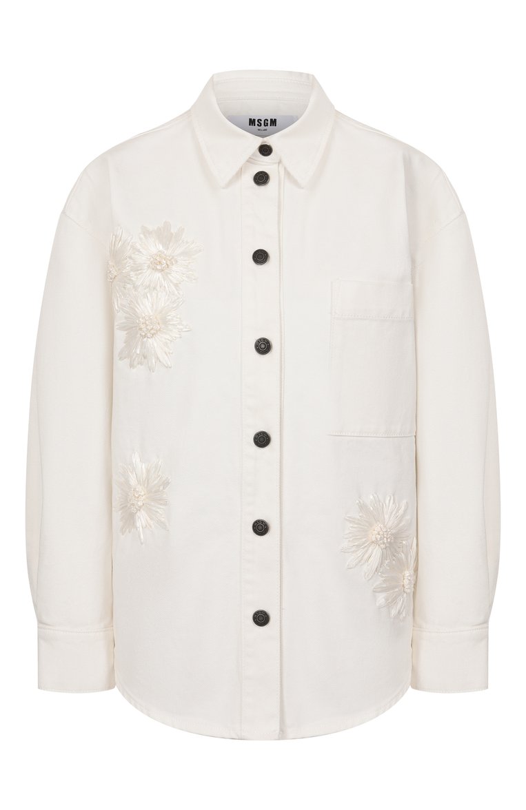 Женская джинсовая рубашка MSGM белого цвета, арт. 3841MDE233X/257273 | Фото 1 (Материал внешний: Хлопок, Деним; Д�лина (для топов): Удлиненные; Рукава: Длинные; Женское Кросс-КТ: Рубашка-одежда; Кросс-КТ: Деним, костюм; Принт: Без принта; Стили: Кэжуэл)