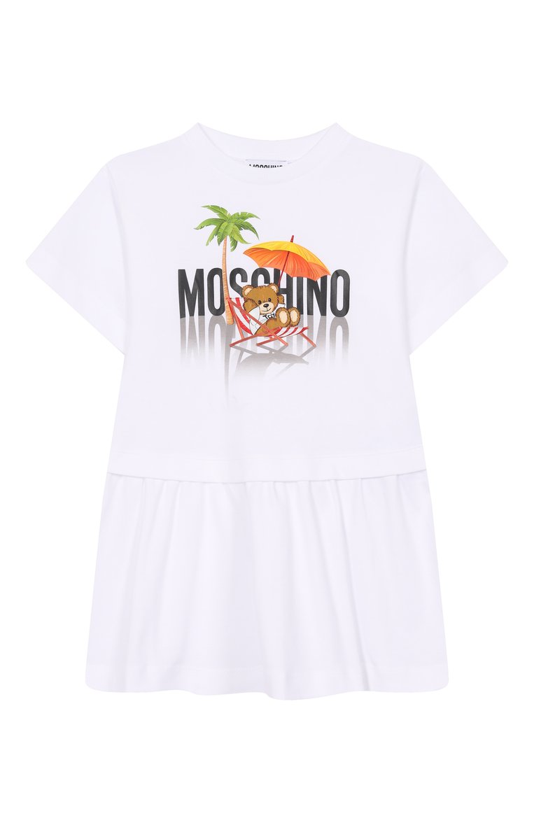 Детское хлопковое платье MOSCHINO белого цвета, арт. HDV0G7/LAA42/4-8 | Фото 1 (Рукава: Короткие; Материал внешний: Хлопок; Тематический товар: Teddy Bear; Автоматизация состава: Проставлено; Автоматизация ТО: Проставлено; Ростовка одежда: 4 года | 104 см, 5 лет | 110 см, 6 лет | 116 см, 8 лет | 128 см)