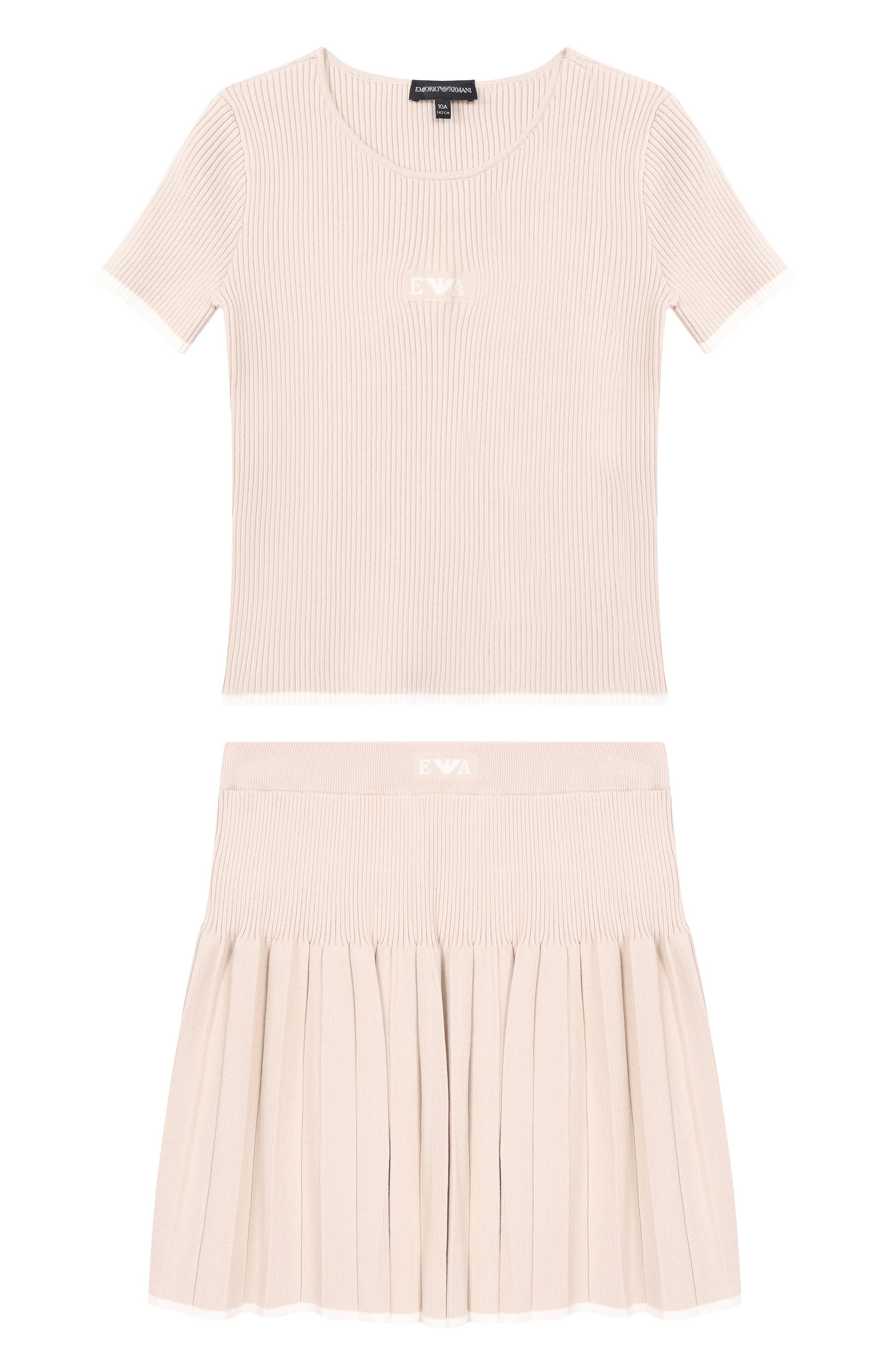 Комплект из футболки и юбки EMPORIO ARMANI светло-бежевого цвета по цене 31750 руб., арт. EG000767/AF22788, фото 1 Комплект из футболки и юбки EMPORIO ARMANI, арт. EG000767/AF22788, фото 1