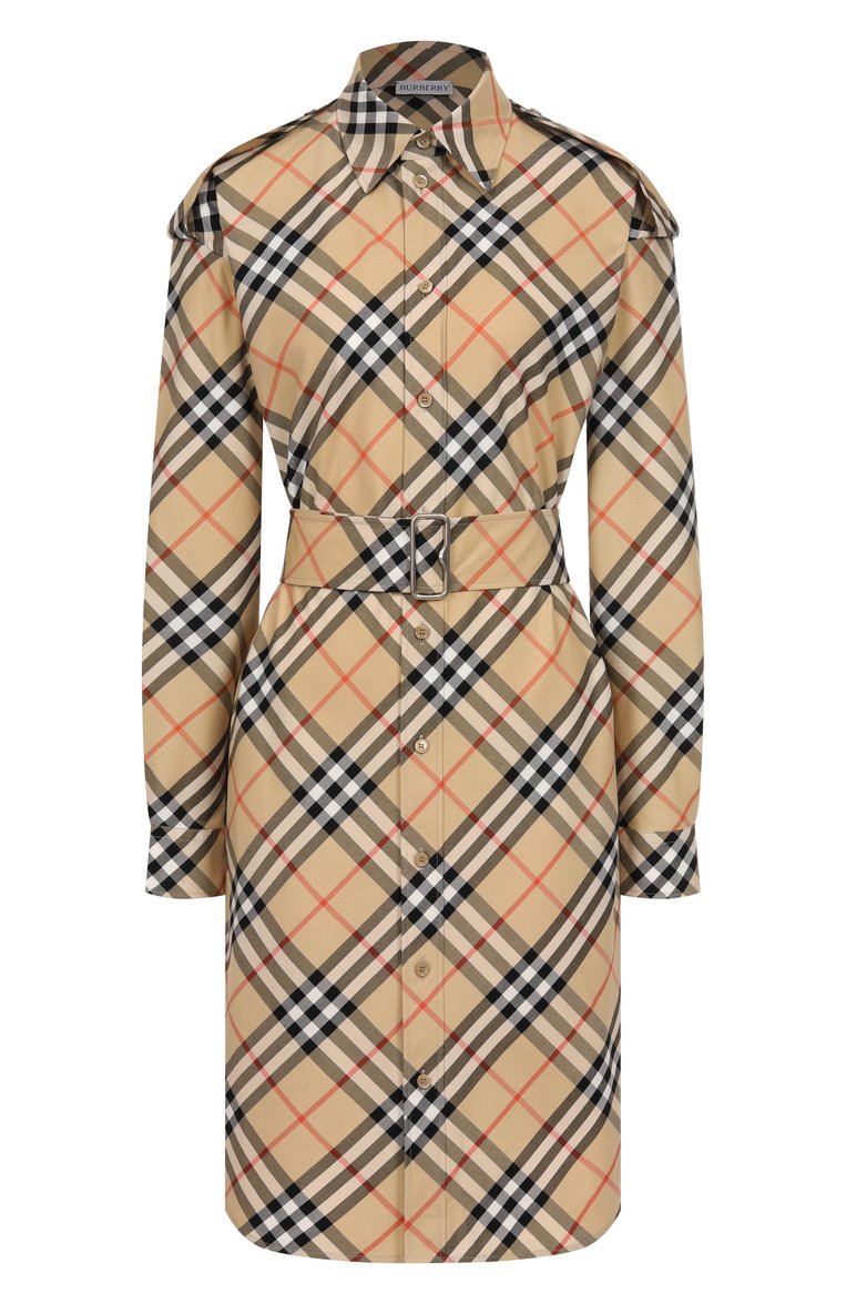 Женское хлопковое платье BURBERRY бежевого цвета, арт. 8086610 | Фото 1 (Материал внешний: Хлопок; Рукава: Длинные; Длина Ж (юбки, платья, шорты): До колена; Случай: Повседневный; Стили: Кэжуэл; Женское Кросс-КТ: Платье-одежда)