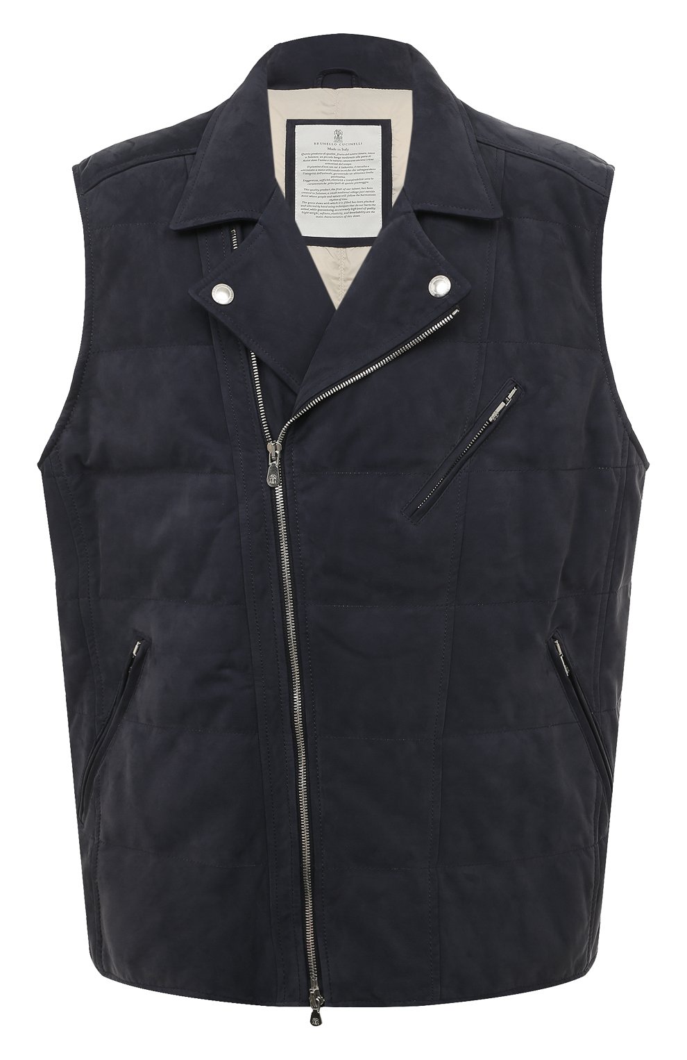 Жилет из нубука BRUNELLO CUCINELLI темно-синего цвета по цене 543000 руб., арт. MPLBY1923, фото 1 Жилет из нубука BRUNELLO CUCINELLI, арт. MPLBY1923, фото 1