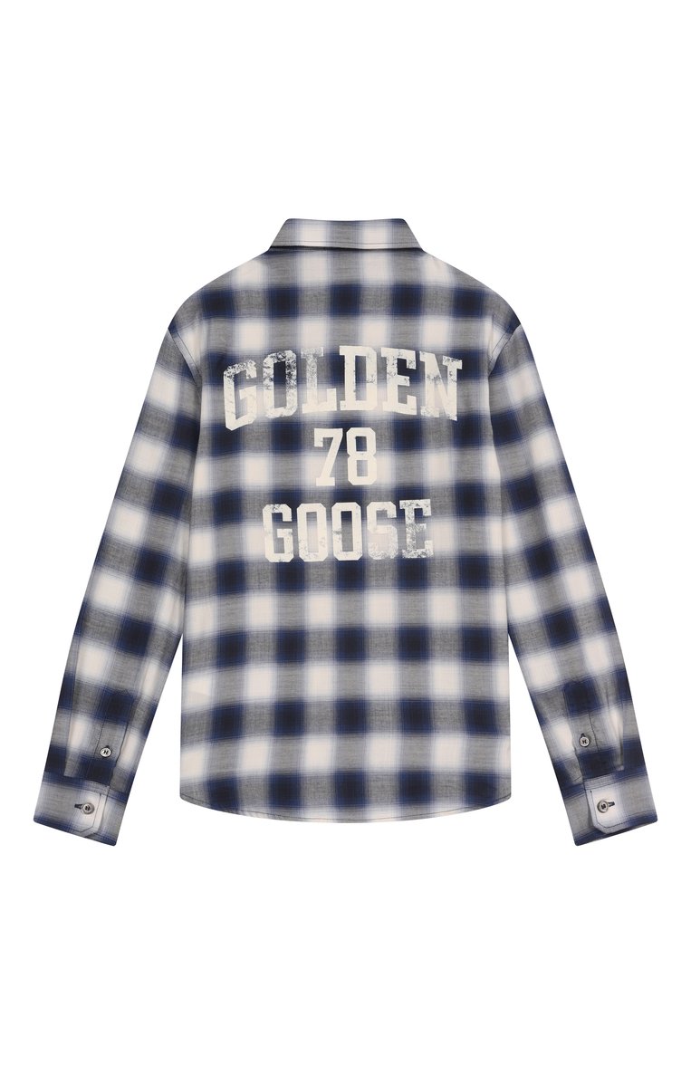 Детская рубашка из хлопка и вискозы GOLDEN GOOSE DELUXE BRAND синего цвета, арт. GKP01397.P001937 | Фото 2 (Материал внешний: Хлопок, Вискоза; Рукава: Длинные; Случай: Повседневный; Ростовка одежда: 6 лет | 116 см, 8 лет | 128 см, 10 - 11 лет | 140 - 146см, 12 лет | 152 см)