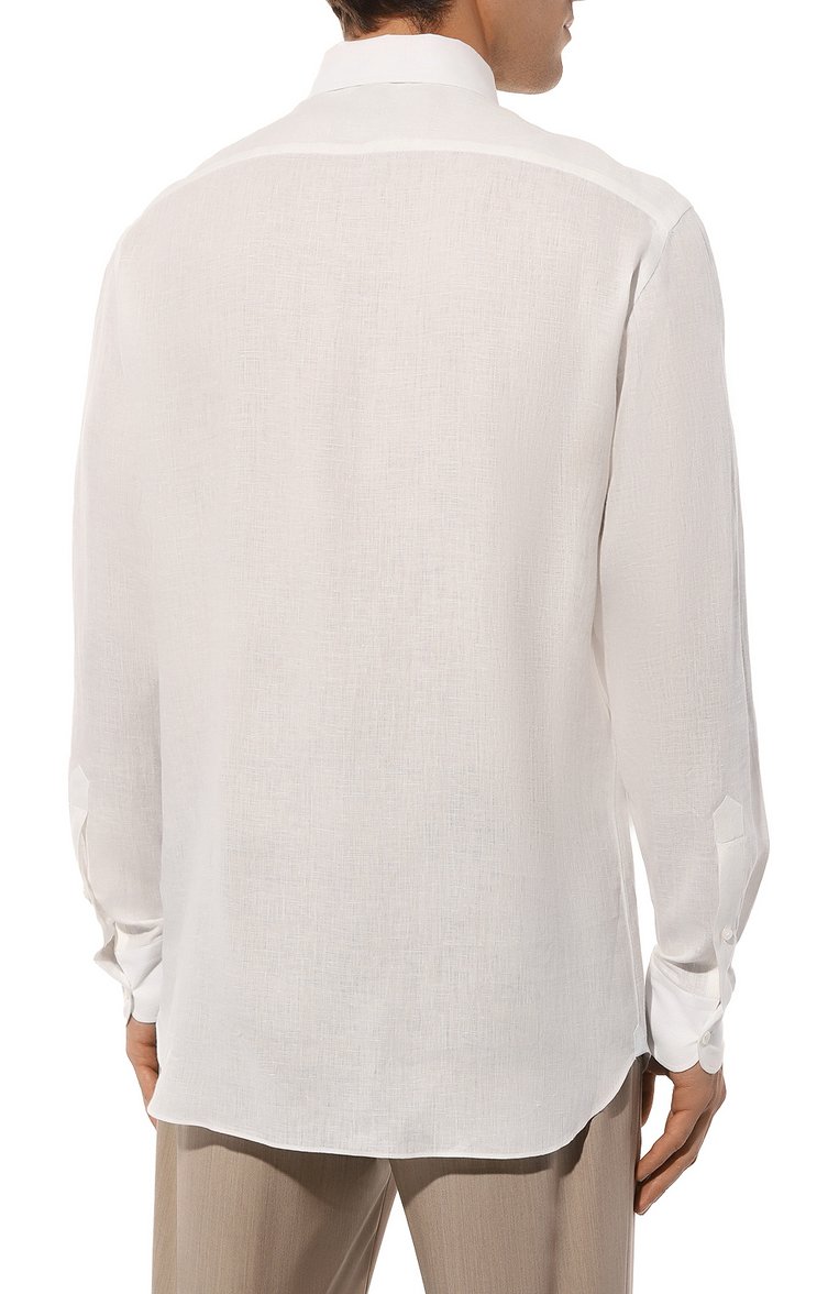 Мужская льняная рубашка ZEGNA белого цвета, арт. UBX30A5/SR03802 | Фото 4 (Длина (для топов): Стандартные; Материал внешний: Лен; Рукава: Длинные; Стили: Кэжуэл; Принт: Однотонные; Случай: Повседневный; Манжеты: На пуговицах; Воротник: Акула; Автоматизация ТО: Проставлено; Автоматизация состава: Проставлено; Детали: Без декора)