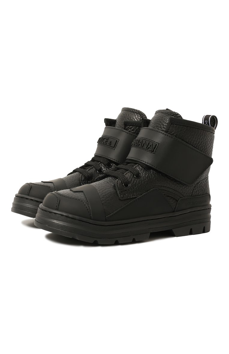 Детские кожаные ботинки DOLCE & GABBANA черного цвета, арт. DA5035/AA306/29-36 | Фото 1 (Материал сплава: Проставлено; Нос: Не проставлено; Материал внутренний: Текстиль)