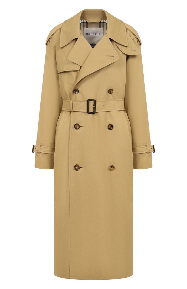 Женский хлопковый тренч BURBERRY бежевого цвета, арт. 8104711 | Фото 1 (Материал подклада: Хлопок; Рукава: Длинные; Материал внешний: Хлопок; Длина (верхняя одежда): Длинные; Стили: Классический; Кросс-КТ: Куртка)