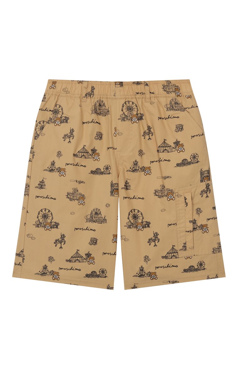 Детские хлопковые шорты MOSCHINO бежевого цвета, арт. HUQ024/LLB47/10-14 | Фото 1 (Материал внешний: Хлопок; Нос: Не проставлено; Случай: Повседневный; Автоматизация состава: Проставлено; Тематический товар: Teddy Bear; Ростовка одежда: 10 - 11 лет | 140 - 146см)