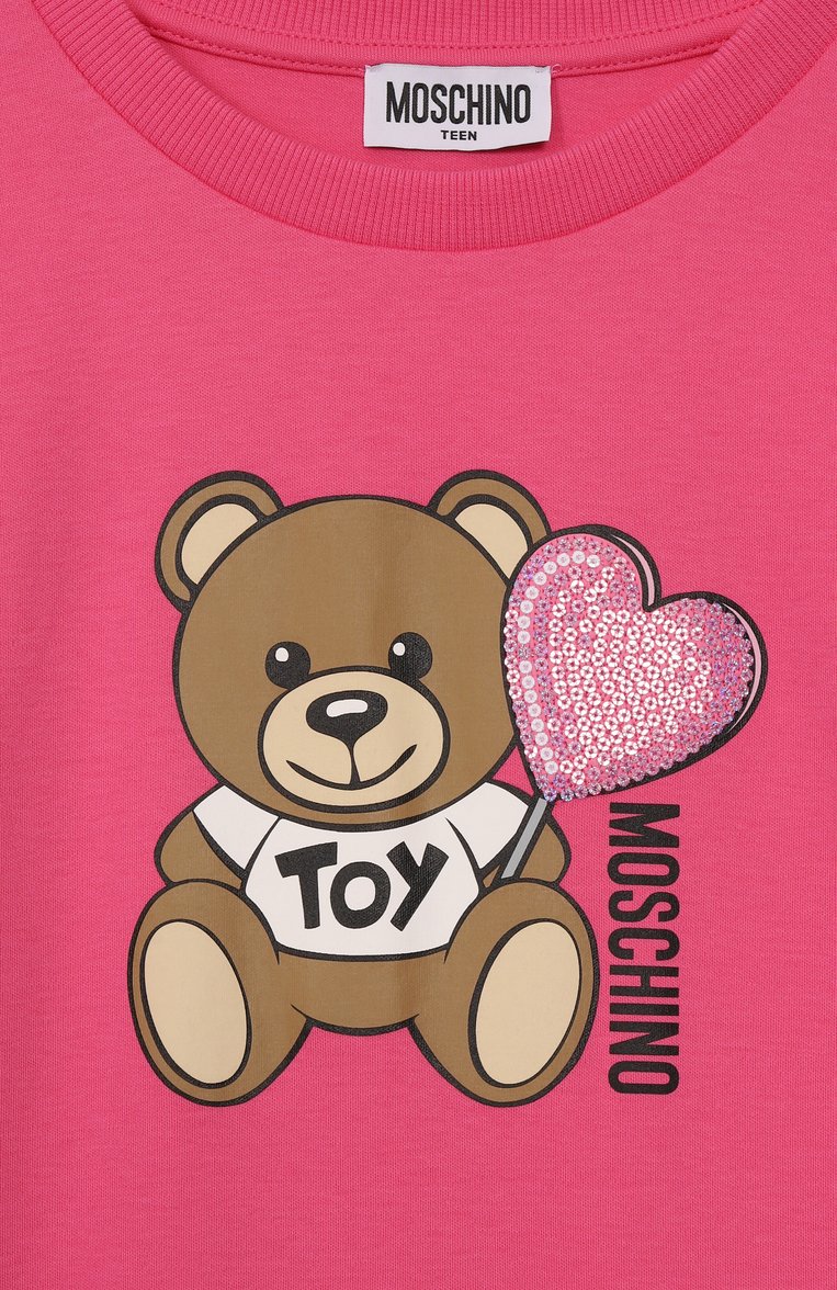 Детское хлопковое платье MOSCHINO фуксия цвета, арт. HDV0G9/LAA40/10-14 | Фото 3 (Рукава: Короткие; Материал внешний: Хлопок; Случай: Повседневный; Девочки Кросс-КТ: Платье-одежда; Автоматизация ТО: Проставлено; Автоматизация состава: Проставлено; Тематический товар: Teddy Bear; Ростовка одежда: 10 - 11 лет | 140 - 146см, 12 лет | 152 см, 16 лет | 164 см)