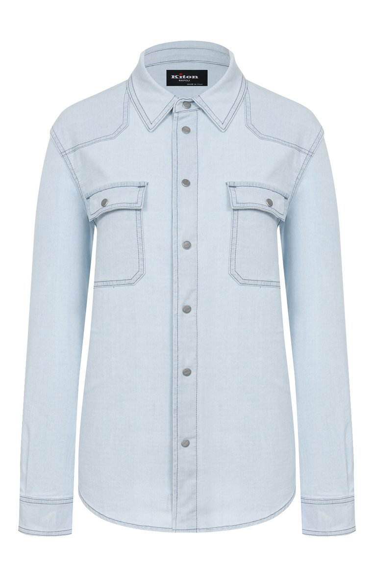 Женская джинсовая рубашка KITON голубого цвета, арт. DJ59401K0931F01 | Фото 1 (Материал внешний: Хлопок, Деним; Рукава: Длинные; Автоматизация состава: Проставлено; Автоматизация ТО: Проставлено; Длина (для топов): Стандартные; Принт: Без принта; Женское Кросс-КТ: Рубашка-одежда; Кросс-КТ: Деним; Стили: Кэжуэл)