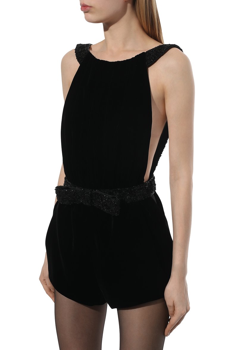 Женский комбинезон SAINT LAURENT черного цвета, арт. 670881/Y525R | Фото 3 (Материал внешний: Вискоза; Материал подклада: Шелк; Женское Кросс-КТ: Комбинезон-одежда; Случай: Вечерний; Стили: Гламурный; Рукава: Без рукавов; Автоматизация ТО: Проставлено; Автоматизация состава: Проставлено)