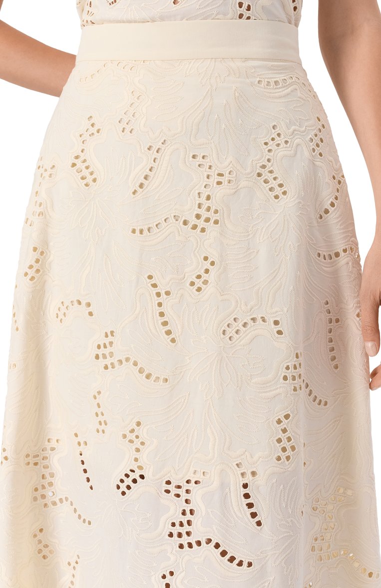 Женская хлопковая юбка ELIE SAAB кремового цвета, арт. SK121 | Фото 5 (Материал подклада: Хлопок; Материал внешний: Синтетический материал, Хлопок; Длина Ж (юбки, платья, шорты): Макси; Стили: Романтичный; Кросс-КТ: костюм)