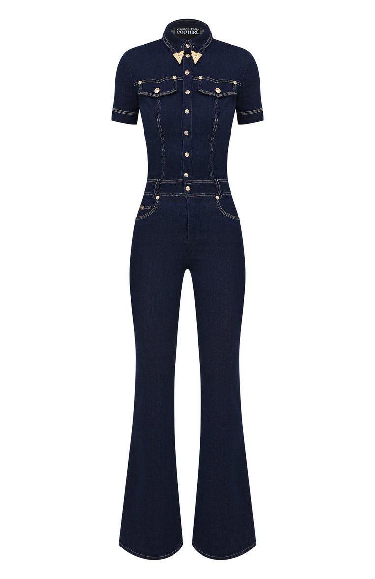 Женский джинсовый комбинезон VERSACE JEANS COUTURE синего цвета, арт. A7HZA12I-ZDP002 IC0N/APW54 | Фото 1 (Длина (брюки, джинсы): Удлиненные; Рукава: Короткие; Материал внешний: Хлопок, Деним; Случай: Повседневный; Стили: Кэжуэл; Кросс-КТ: Деним; Женское Кросс-КТ: Комбинезон-одежда)