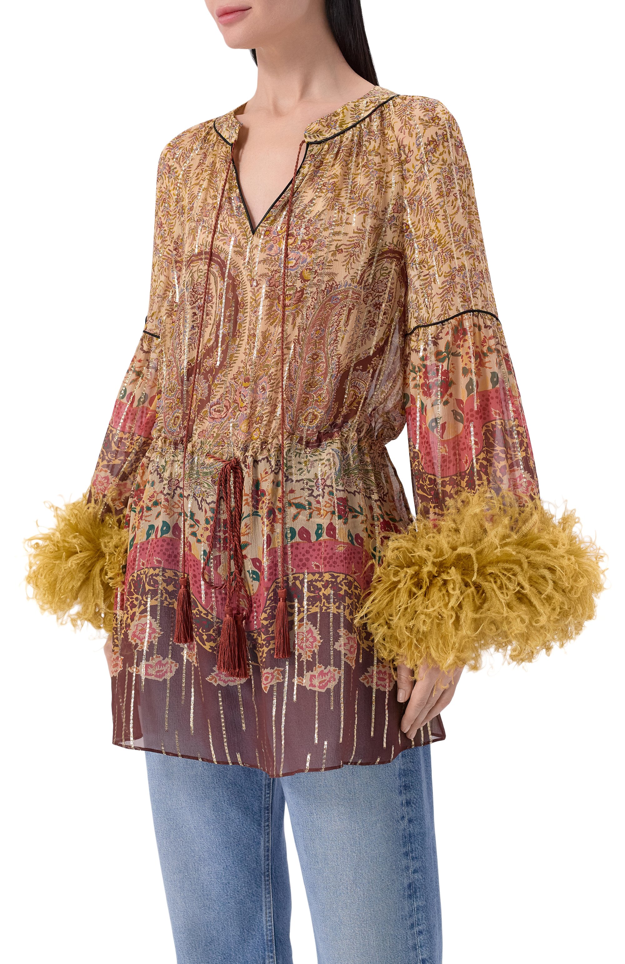 Шелковая блузка с отделкой перьями VALENTINO, арт. 8B3AEBB7/A54, фото 3