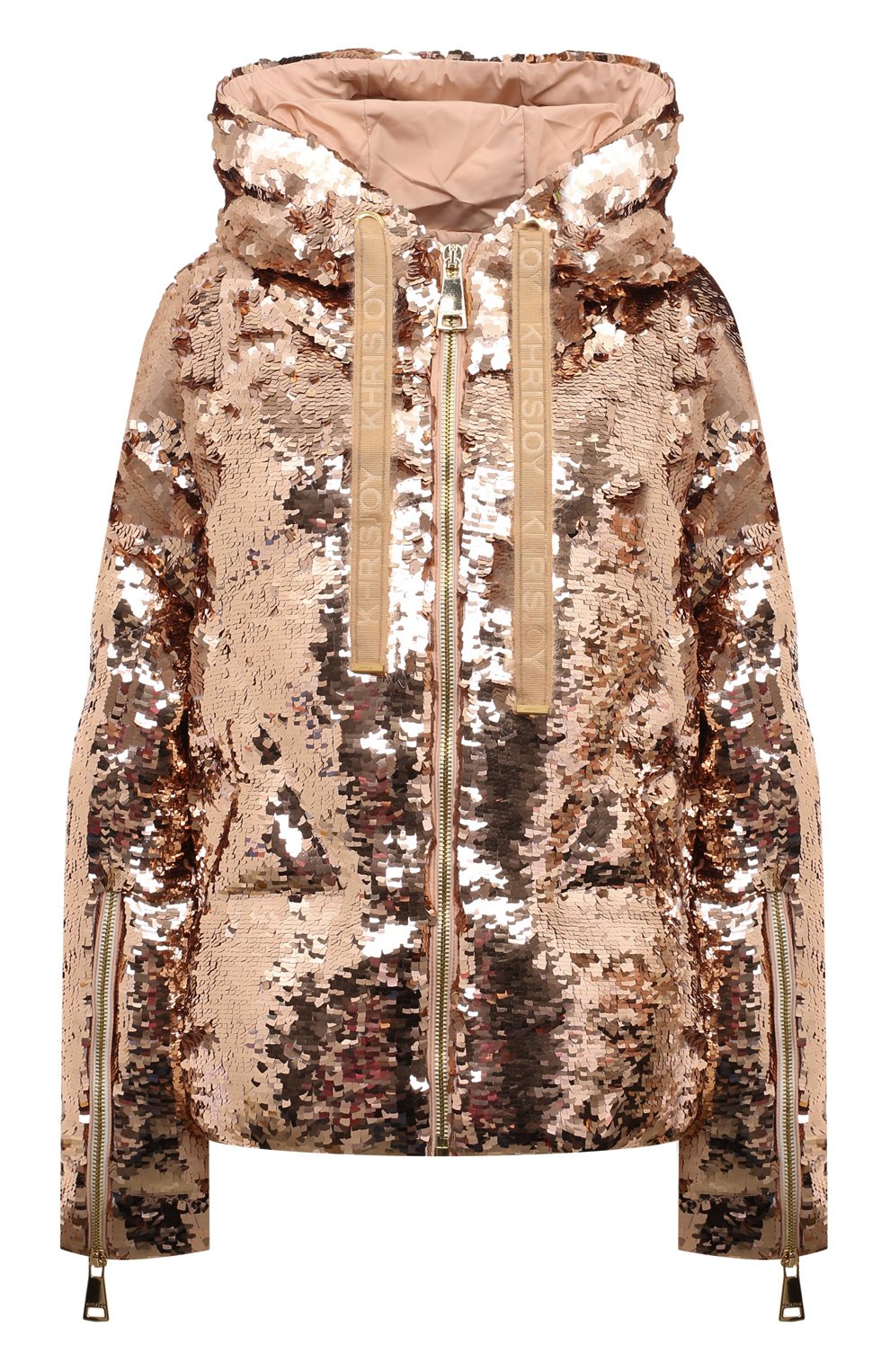 Пуховик с отделкой пайетками KHRISJOY золотого цвета по цене 255500 руб., арт. KWF24R0601/PS0001/1, фото 1 Пуховик с отделкой пайетками KHRISJOY, арт. KWF24R0601/PS0001/1, фото 1