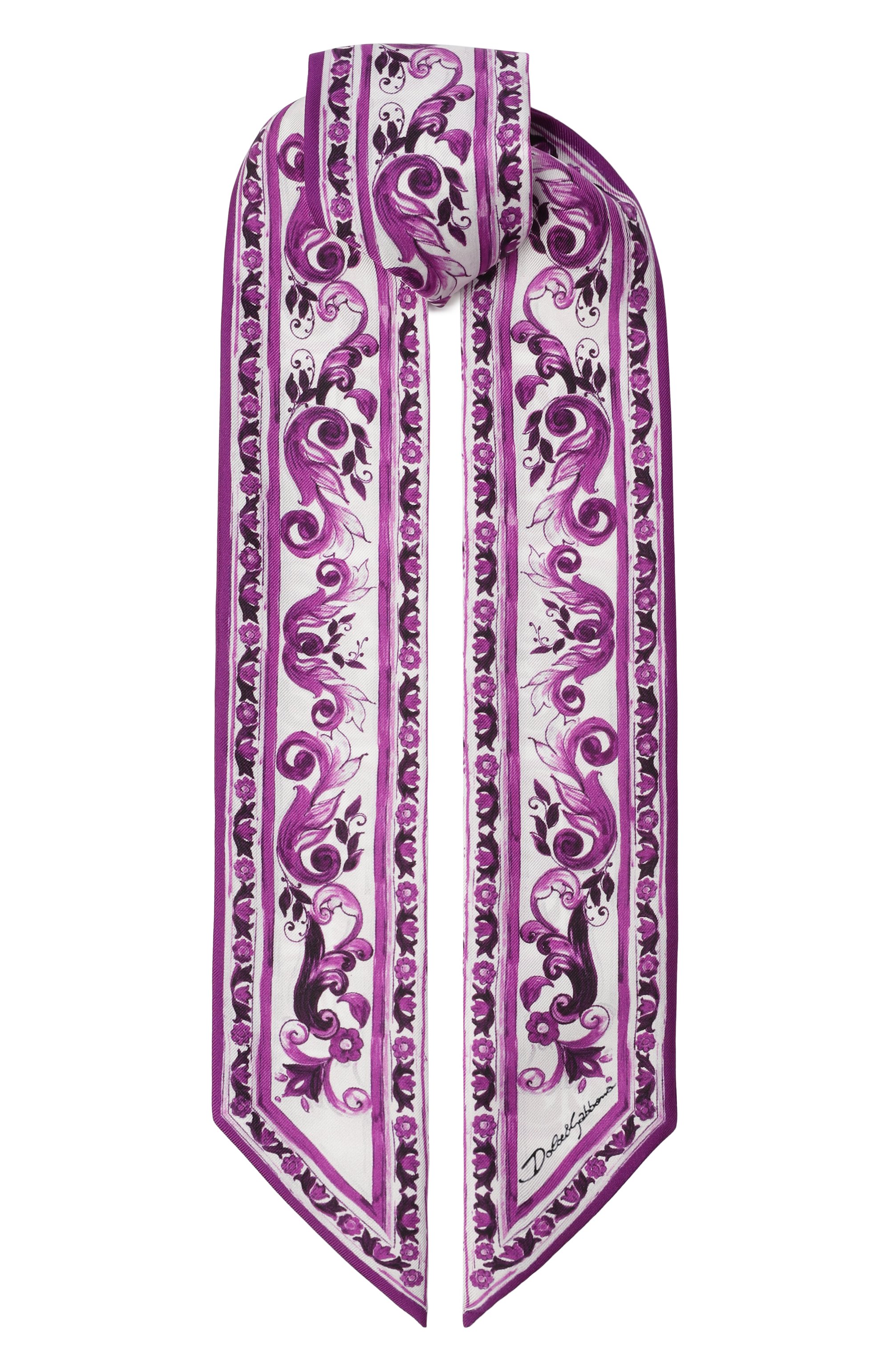 Шелковый шарф-твилли DOLCE & GABBANA фиолетового цвета по цене 24900 руб., арт. FS215A/GDA0Y, фото 1 Шелковый шарф-твилли DOLCE & GABBANA, арт. FS215A/GDA0Y, фото 1