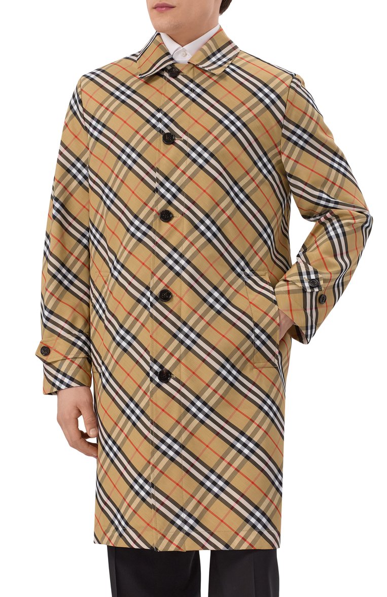 Мужской плащ BURBERRY бежевого цвета, арт. 8101333 | Фото 3 (Рукава: Длинные; Материал внешний: Синтетический материал; Длина (верхняя одежда): До колена; Стили: Кэжуэл; Мужское Кросс-КТ: Плащ-верхняя одежда; Автоматизация ТО: Проставлено; Автоматизация состава: Проставлено)