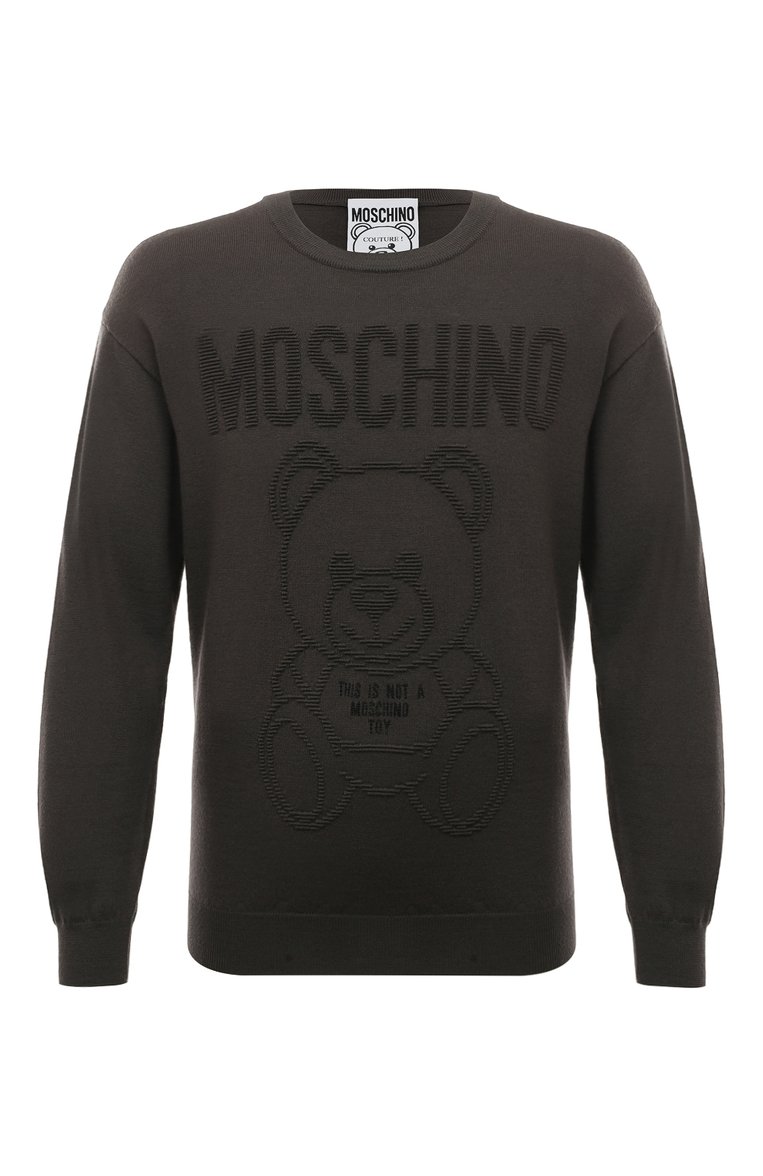 Мужской шерстяной джемпер MOSCHINO темно-серого цвета, арт. V0908/7000 | Фото 1 (Мужское Кросс-КТ: Джемперы; Материал внешний: Шерсть; Рукава: Длинные; Длина (для топов): Стандартные; Принт: С принтом; Материал сплава: Проставлено; Драгоценные камни: Проставлено; Вырез: Круглый; Стили: Кэжуэл)