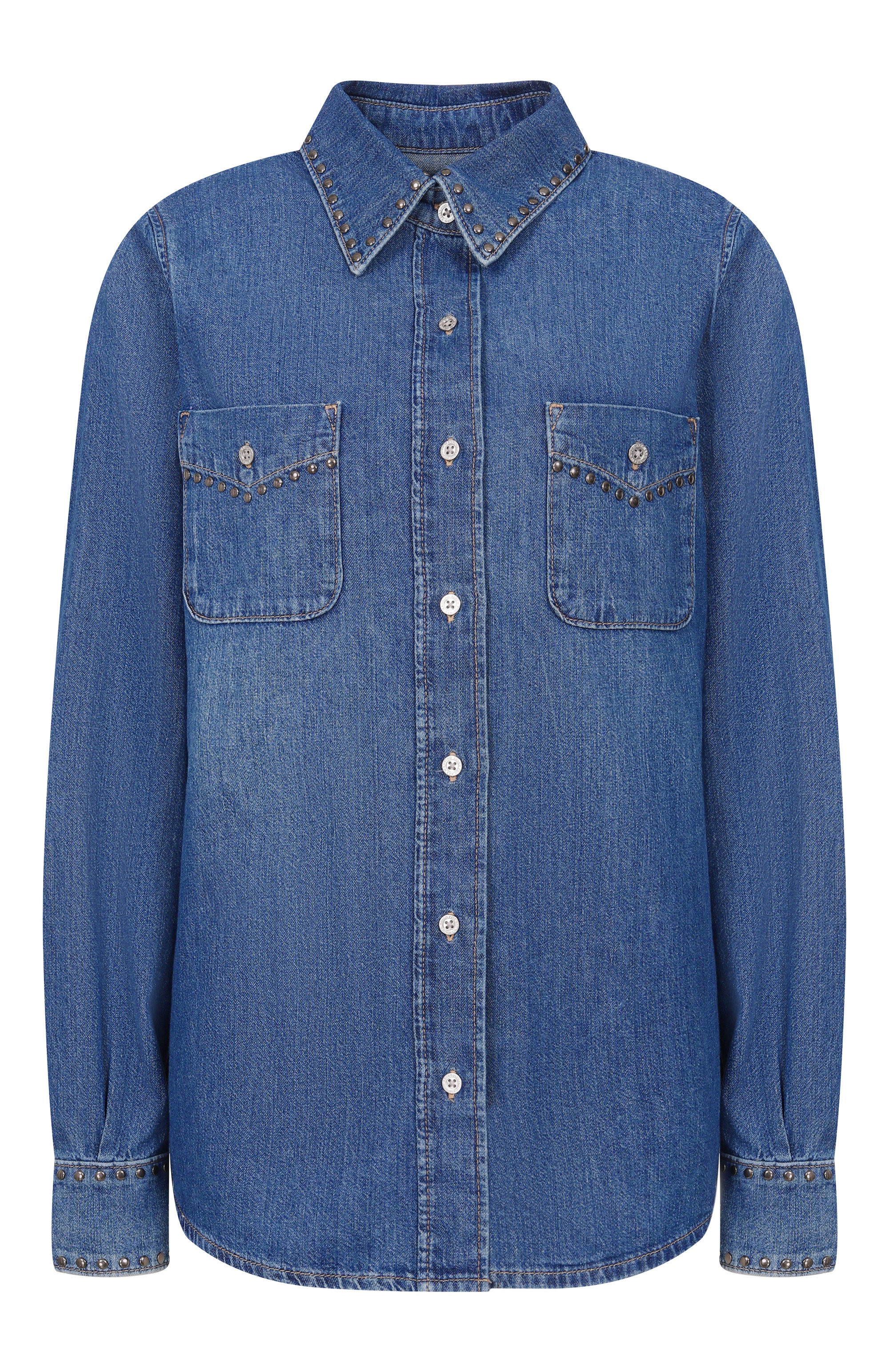 Джинсовая рубашка 7 FOR ALL MANKIND синего цвета по цене 34300 руб., арт. 7U84TC21-21C, фото 1 Джинсовая рубашка 7 FOR ALL MANKIND, арт. 7U84TC21-21C, фото 1