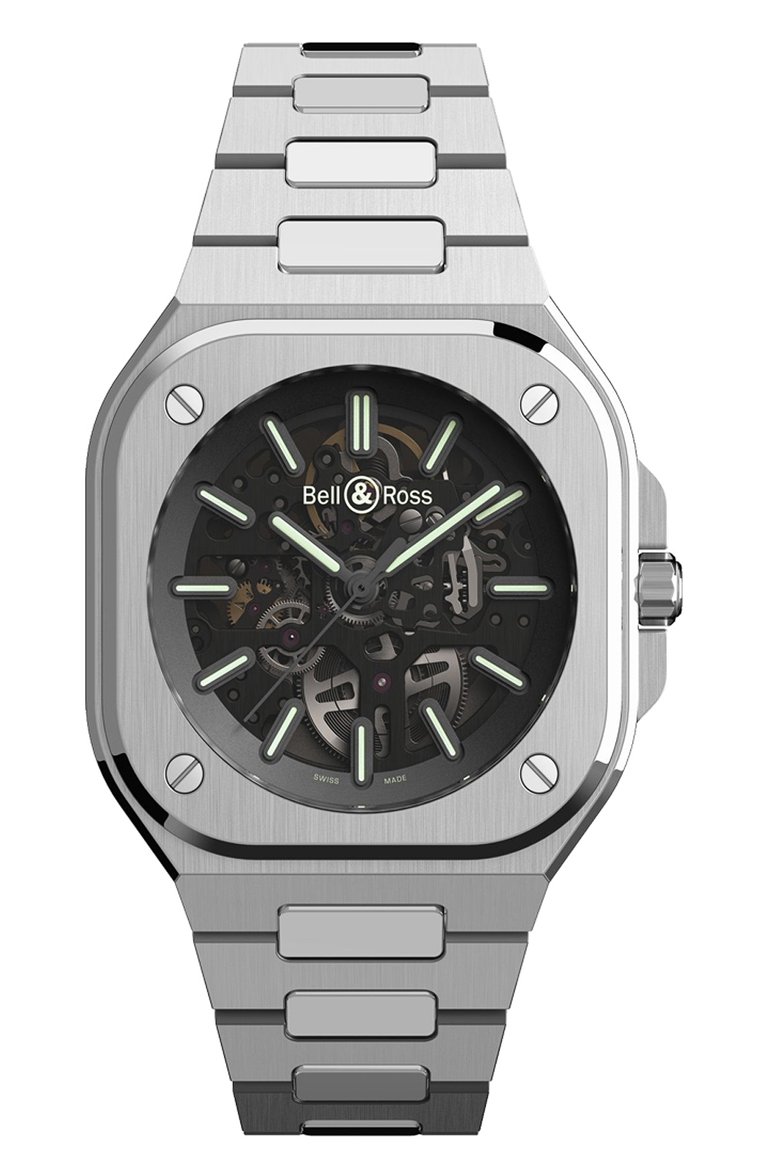 Мужские часы br 05 skeleton nightlum BELL & ROSS бесцветного цвета, арт. BR05A-BL-SK-ST/SST | Фото 1 (Механизм: Автомат; Материал корпуса: Сталь; Региональные ограничения белый список (Axapta Mercury): Не проставлено; Цвет циферблата: Чёрный; Нос: Не проставлено)