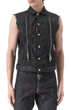 Мужской джинсовый жилет DSQUARED2 черного цвета, арт. S71FB0488/S30357 | Фото 3 (Драгоценные камни: Проставлено; Материал сплава: Проставлено; Длина (верхняя одежда): Короткие; Материал внешний: Деним, Хлопок; Кросс-КТ: Деним; Стили: Гранж)