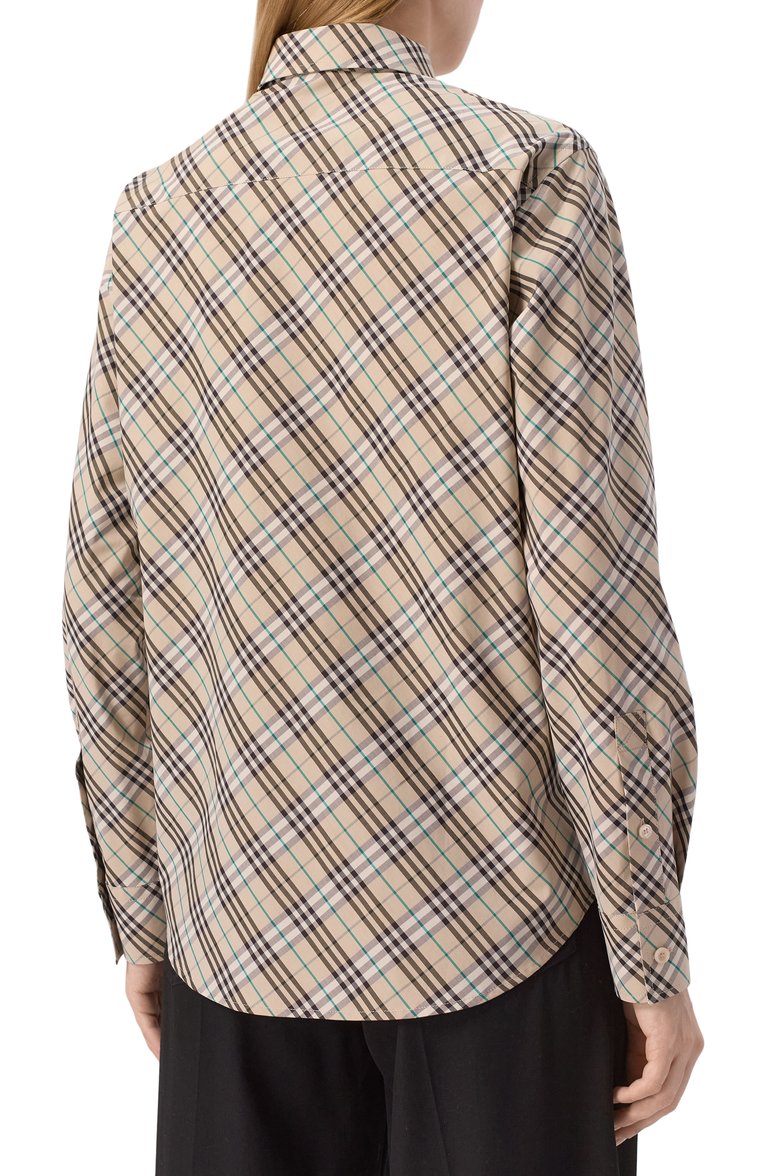 Женская хлопковая рубашка BURBERRY бежевого цвета, арт. 8101133 | Фото 4 (Длина (для топов): Стандартные; Материал внешний: Хлопок; Рукава: Длинные; Стили: Кэжуэл; Принт: Клетка, С принтом; Женское Кросс-КТ: Рубашка-одежда; Автоматизация состава: Проставлено; Автоматизация ТО: Проставлено; Детали: Декор)