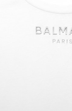 Детская хлопковая футболка BALMAIN белого цвета, арт. BT8Q41 | Фото 3 (Рукава: Короткие; Материал сплава: Проставлено; Материал внешний: Хлопок; Мальчики Кросс-КТ: Футболка-одежда; Драгоценные камни: Проставлено; Ростовка одежда: 10 - 11 лет | 140 - 146см, 12 лет | 152 см, 13 - 15 лет | 158 см, 6 лет | 116 см, 8 лет | 128 см)