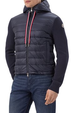 Мужской комбинированный кардиган MONCLER темно-синего цвета, арт. 9B00005/M1367 | Фото 3 (Рукава: Длинные; Длина (для топов): Стандартные; Материал внешний: Хлопок; Стили: Кэжуэл; Мужское Кросс-КТ: Кардиган-одежда; Застежка: Молния; Материал утеплителя: Пух и перо)