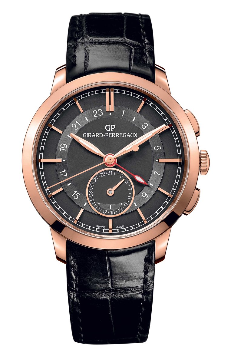 Мужские часы dual time rose gold grey GIRARD-PERREGAUX бесцветного цвета, арт. 49544-52-231-BB60 | Фото 1 (Механизм: Автомат; Материал корпуса: Розовое золото; Региональные ограничения белый список (Axapta Mercury): Не проставлено; Нос: Не проставлено; Цвет циферблата: Серебристый)