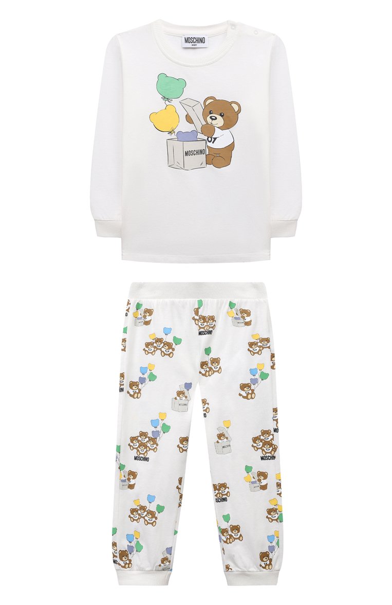Детский комплект из свитшота и брюк MOSCHINO белого цвета, арт. MSK02F/LAB73 | Фото 1 (Материал внешний: Хлопок; Материал сплава: Проставлено; Нос: Не проставлено; Тематический товар: Teddy Bear; Случай: Повседневный)