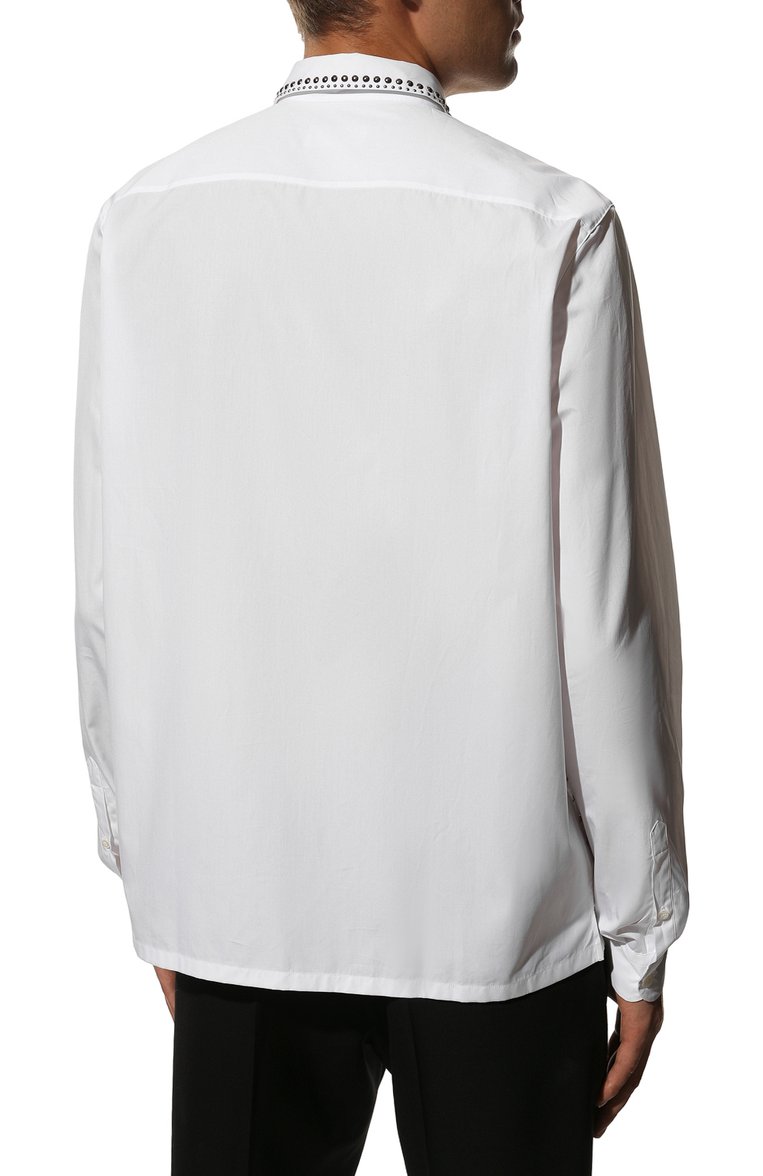 Мужская хлопковая рубашка PRADA белого цвета, арт. UCN414-1LZC-F0009-221 | Фото 4 (Рубашки М: Classic Fit; Длина (для топов): Стандартные; Случай: Повседневный; Рукава: Длинные; Манжеты: На пуговицах; Стили: Кэжуэл; Материал внешний: Хлопок; Принт: Однотонные; Воротник: Кент; Детали: Без декора; Автоматизация состава: Проставлено; Автоматизация ТО: Проставлено)