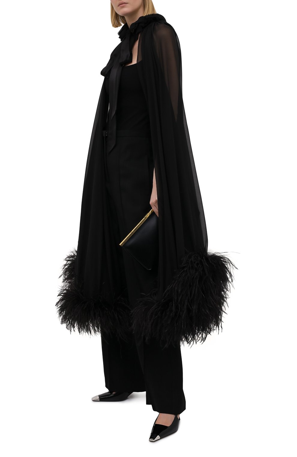 Шелковая накидка с отделкой перьями SAINT LAURENT черного цвета по цене 463500 руб., арт. 659131/Y115W, фото 2 Шелковая накидка с отделкой перьями SAINT LAURENT, арт. 659131/Y115W, фото 2