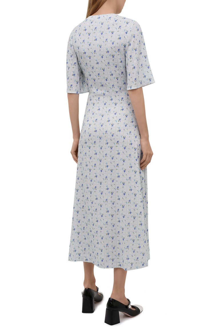 Женское платье из вискозы MIU MIU светло-голубого цвета, арт. MF4438-1Z72-F0M10 | Фото 4 (Материал внешний: Вискоза; Длина Ж (юбки, платья, шорты): Миди; Стили: Романтичный; Случай: Повседневный; Женское Кросс-КТ: Платье-одежда; Рукава: Короткие; Драгоценные камни: Проставлено; Материал сплава: Проставлено)