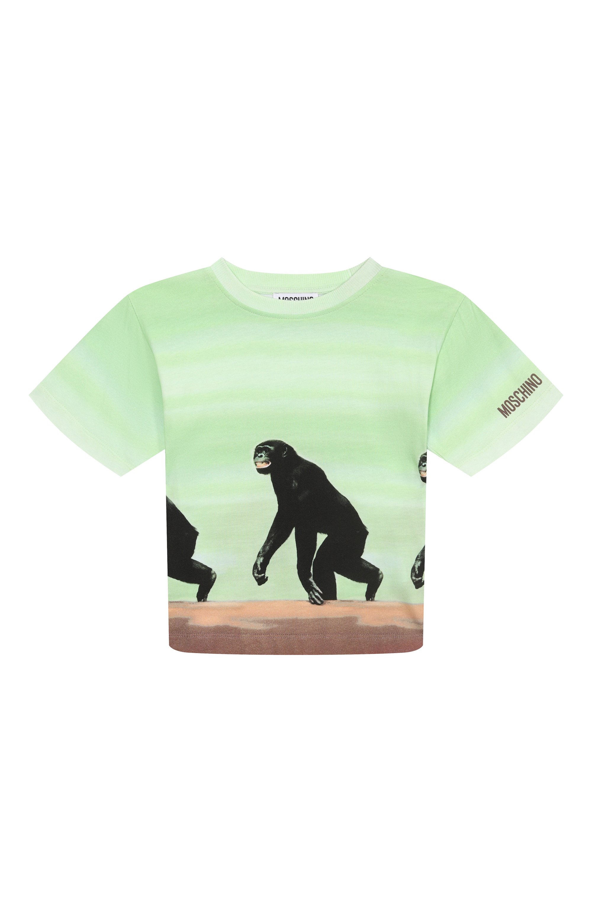 Хлопковая футболка MOSCHINO салатового цвета по цене 17150 руб., арт. HUM057/LAA02/4-8, фото 1 Хлопковая футболка MOSCHINO, арт. HUM057/LAA02/4-8, фото 1