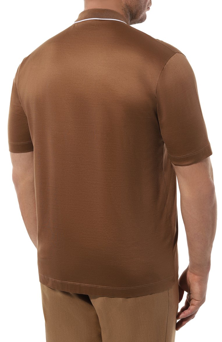 Мужская хлопковое поло CANALI коричневого цвета, арт. T0827B/MJ02035 | Фото 4 (Рукава: Короткие; Материал внешний: Хлопок; Застежка: Молния; Big sizes: Big Sizes; Длина (для топов): Стандартные; Стили: Кэжуэл; Принт: Без принта; Кросс-КТ: Трикотаж; Автоматизация ТО: Проставлено; Автоматизация состава: Проставлено; Детали: Без декора)
