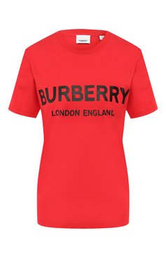 Женская хлопковая футболка BURBERRY красного цвета, арт. 8021272 | Фото 1 (Длина (для топов): Стандартные; Статус проверки: Проверена категория; Материал внешний: Хлопок; Силуэт Ж (для верхов): Приталенный; Рукава: Короткие; Женское Кросс-КТ: Футболка-одежда; Стили: Кэжуэл; Принт: С принтом; Материал сплава: Проверено, Проставлено; Драгоценные камни: Проставлено)