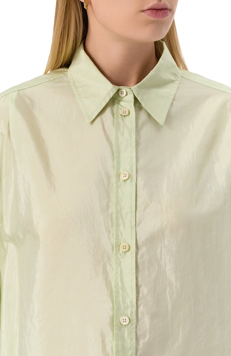 Женская рубашка JIL SANDER светло-зеленого цвета, арт. J40DL0165/J70003 | Фото 5 (Материал внешний: Шелк, Синтетический материал; Рукава: Длинные; Длина (для топов): Стандартные; Женское Кросс-КТ: Рубашка-одежда; Кросс-КТ: костюм; Принт: Без принта; Стили: Минимализм)