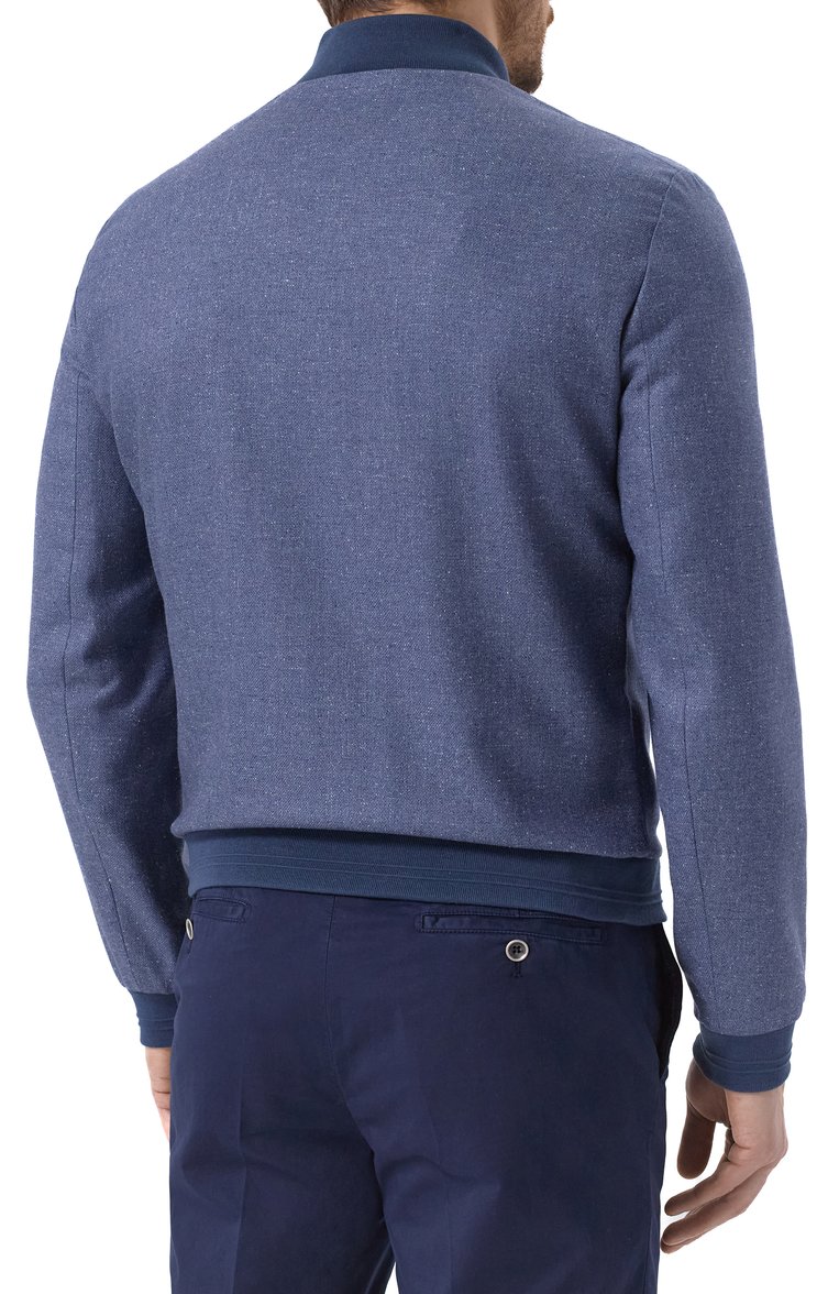 Мужской бомбер из шелка и шерсти CORNELIANI синего цвета, арт. 25L588-2518264 | Фото 4 (Материал внешний: Шерсть, Шелк; Длина (верхняя одежда): Короткие; Рукава: Длинные; Стили: Кэжуэл; Мужское Кросс-КТ: шерсть и кашемир; Принт: Без принта; Кросс-КТ: бомбер, Легкие; Детали: Без декора; Автоматизация ТО: Проставлено; Автоматизация состава: Проставлено)