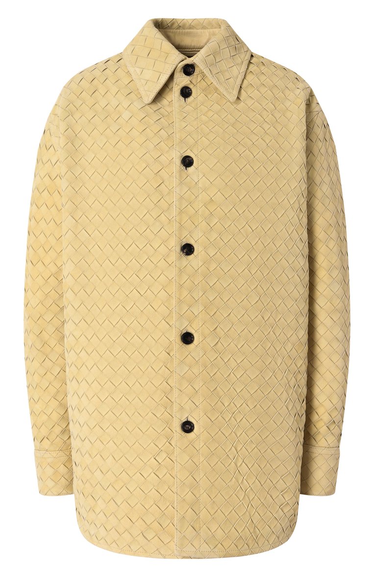 Женская замшевая рубашка BOTTEGA VENETA бежевого цвета, арт. 813044/V4HG0 | Фото 1 (Материал внешний: Натуральная кожа, Замша; Длина (для топов): Удлиненные; Рукава: Длинные; Стили: Кэжуэл; Принт: Без принта; Женское Кросс-КТ: Рубашка-одежда; Автоматизация ТО: Проставлено; Автоматизация состава: Проставлено)