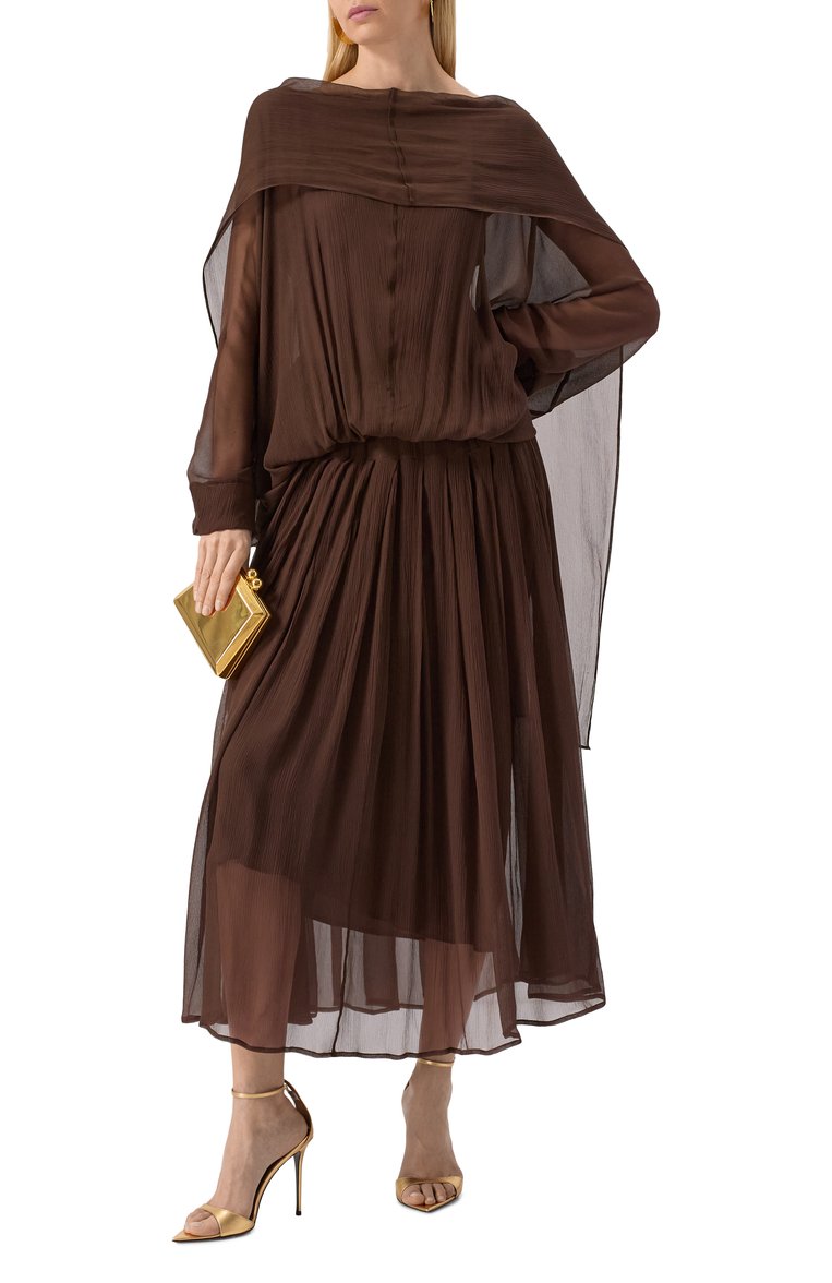 Женское шелковое платье ALBUS LUMEN коричневого цвета, арт. AL.RT25.001.DRESS | Фото 2 (Длина Ж (юбки, платья, шорты): Макси; Рукава: Длинные; Материал внешний: Шелк; Случай: Коктейльный; Стили: Кэжуэл; Женское Кросс-КТ: Платье-одежда)