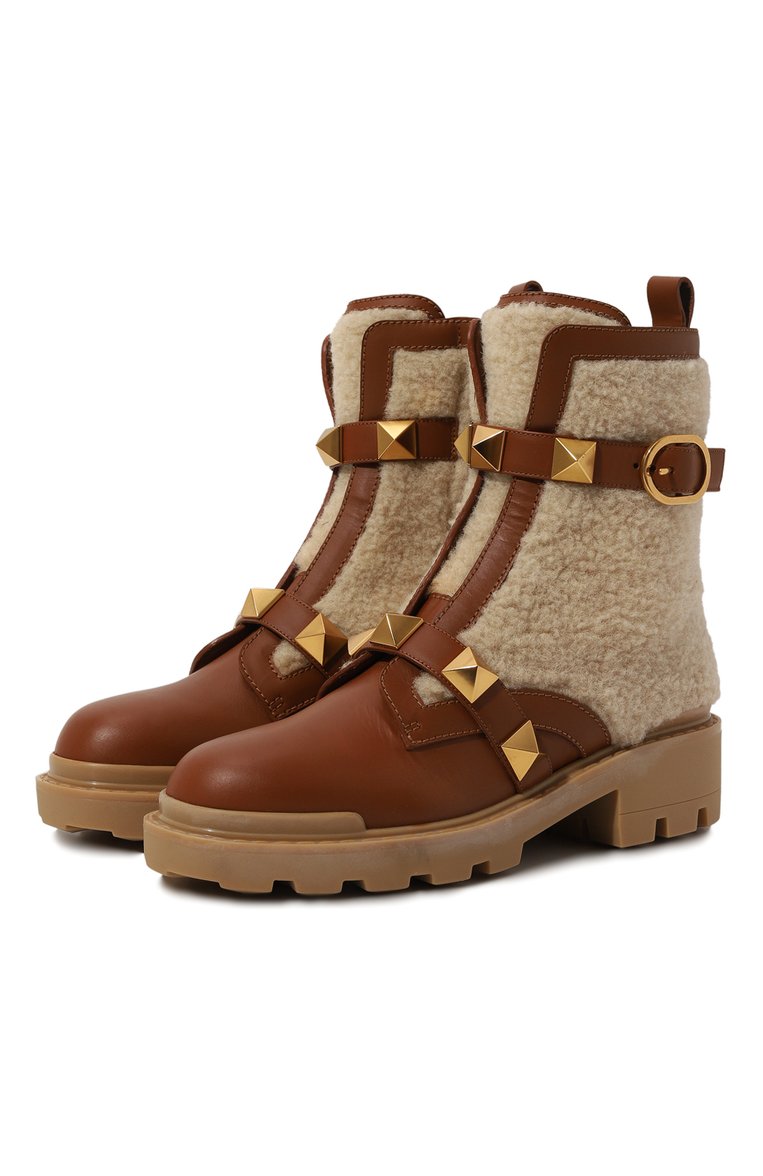 Женские ботинки roman stud VALENTINO коричневого цвета, арт. 3W2S0CJ3/MHA | Фото 1 (Материал внутренний: Текстиль; Материал внешний: Текстиль; Подошва: Платформа; Каблук высота: Низкий; Материал утеплителя: Без утеплителя; Женское Кросс-КТ: Байкеры-ботинки)