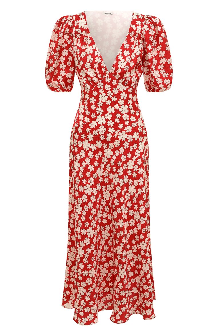 Женское шелковое платье MIU MIU красного цвета, арт. MF4530-10LD-F057S | Фото 1 (Длина Ж (юбки, платья, шорты): Миди; Материал внешний: Шелк; Рукава: 3/4; Женское Кросс-КТ: Платье-одежда; Случай: Повседневный; Стили: Романтичный; Драгоценные камни: Проставлено; Материал сплава: Проставлено)