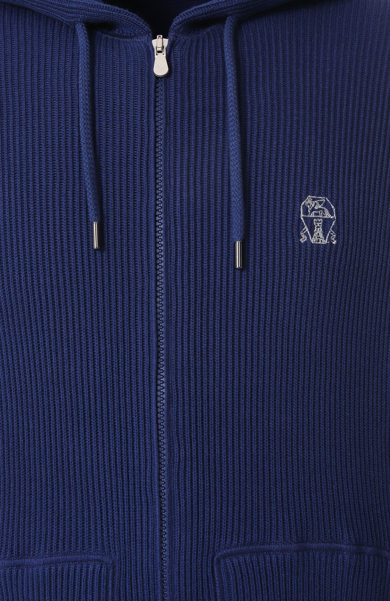 Мужской хлопковый кардиган BRUNELLO CUCINELLI синего цвета, арт. M29200416G | Фото 6 (Рукава: Длинные; Материал внешний: Хлопок; Длина (для топов): Стандартные; Стили: Кэжуэл; Мужское Кросс-КТ: Кардиган-одежда; Застежка: Молния)