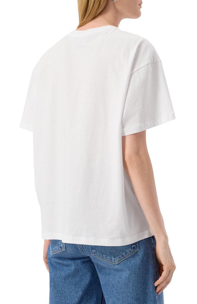 Женская хлопковая футболка EMPORIO ARMANI белого цвета, арт. EW001528/AF12597 | Фото 4 (Материал внешний: Хлопок; Рукава: Короткие; Длина (для топов): Стандартные; Принт: С принтом; Стили: Кэжуэл; Женское Кросс-КТ: Футболка-одежда)