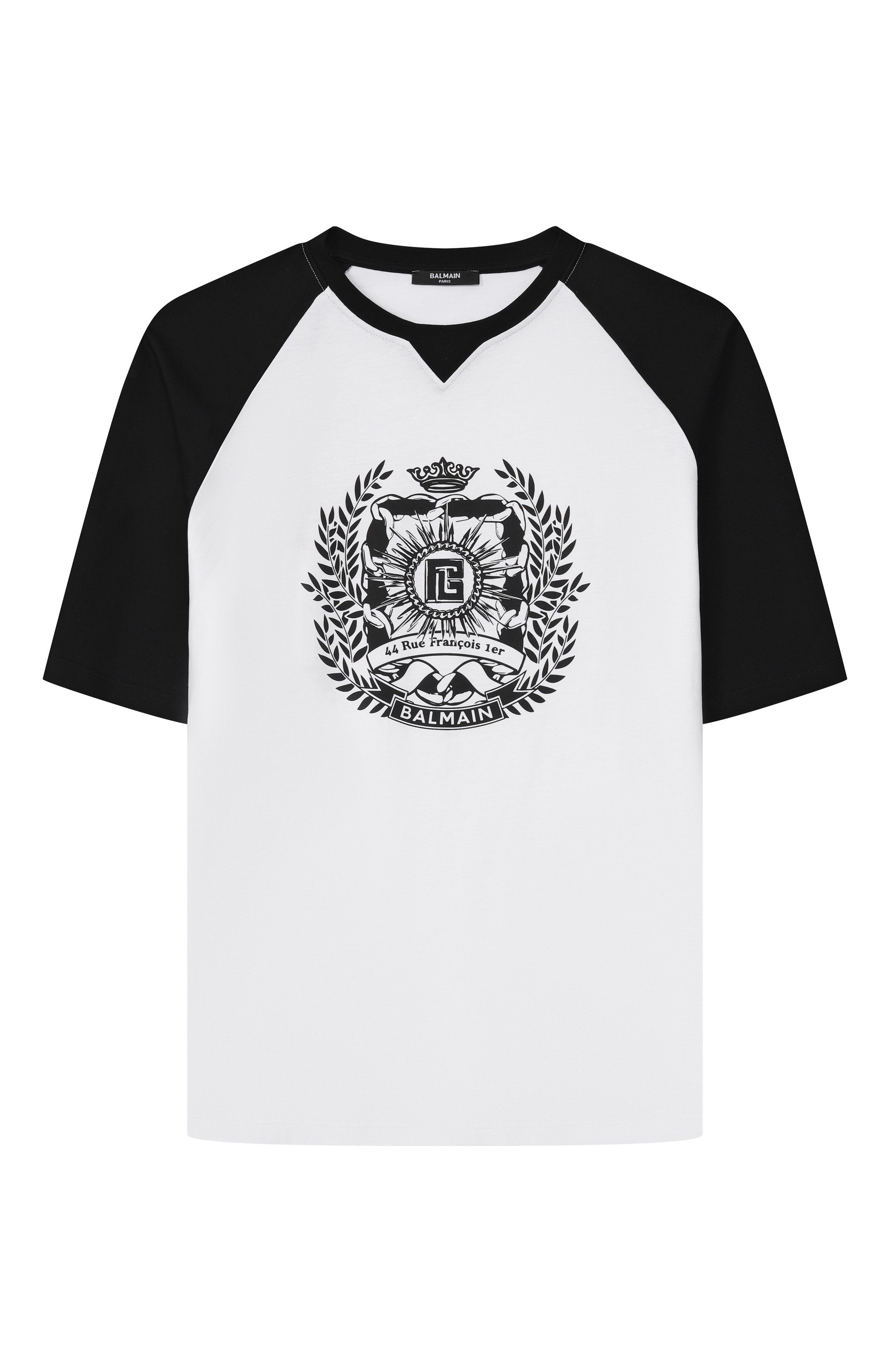 Хлопковая футболка BALMAIN черно-белого цвета по цене 19950 руб., арт. BY8P81, фото 1 Хлопковая футболка BALMAIN, арт. BY8P81, фото 1