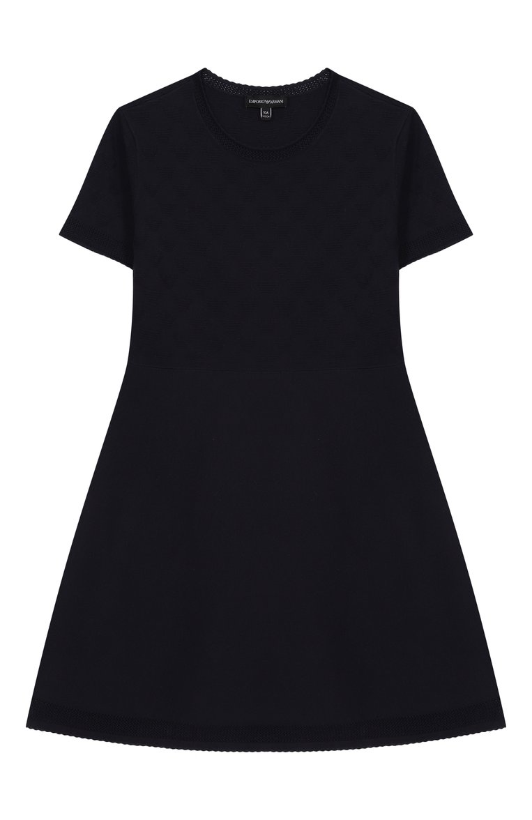 Детское платье из вискозы EMPORIO ARMANI темно-синего цвета, арт. EG000179/AF14111 | Фото 1 (Материал внешний: Вискоза; Рукава: Короткие; Девочки Кросс-КТ: Платье-одежда; Случай: По�вседневный; Автоматизация состава: Проставлено; Автоматизация ТО: Проставлено; Ростовка одежда: 4 года | 104 см, 5 лет | 110 см, 6 лет | 116 см, 7 лет | 122 см, 8 лет | 128 см, 10 - 11 лет | 140 - 146см, 13 - 15 лет | 158 см, 16 лет | 164 см)