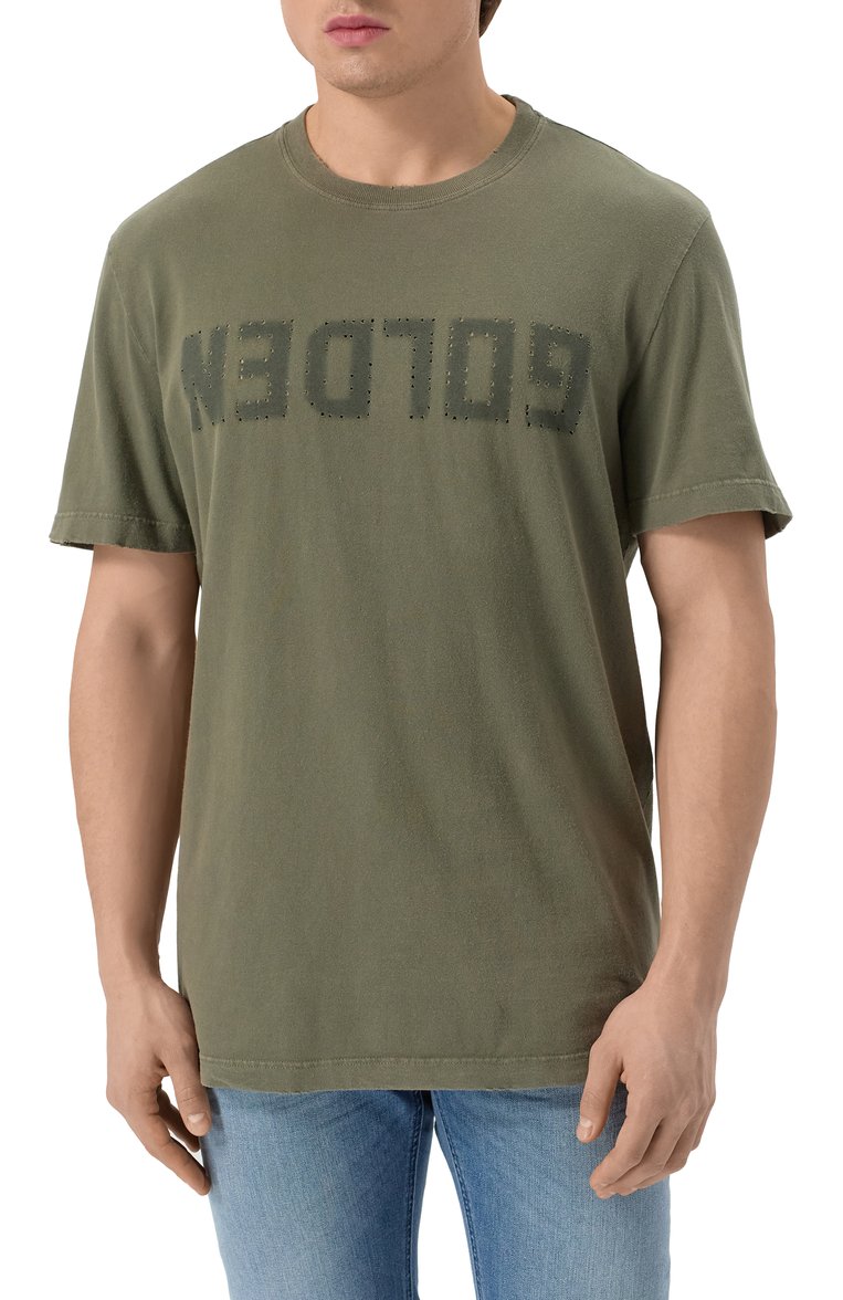 Мужская хлопковая футболка GOLDEN GOOSE DELUXE BRAND хаки цвета, арт. GMP01220.P000671 | Фото 3 (Рукава: Короткие; Длина (для топов): Стандартные; Материал внешний: Хлопок; Принт: С принтом; Стили: Кэжуэл; Мужское Кросс-КТ: Футболка-одежда; Кросс-КТ: Джерси)