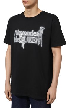 Мужская хлопковая футболка ALEXANDER MCQUEEN черного цвета, арт. 750656 | Фото 3 (Рукава: Коротки�е; Стили: Гранж; Принт: С принтом; Длина (для топов): Удлиненные; Материал сплава: Проставлено; Материал внешний: Хлопок; Драгоценные камни: Проставлено)